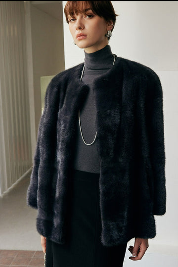 Black Round Neck Velvet Mink Fur Coat