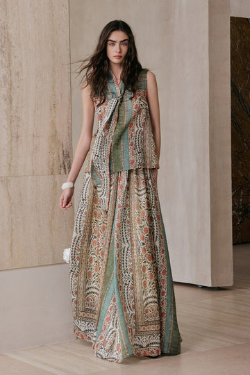 Vintage Sleeveless Printed Shirt Pleated Skirt