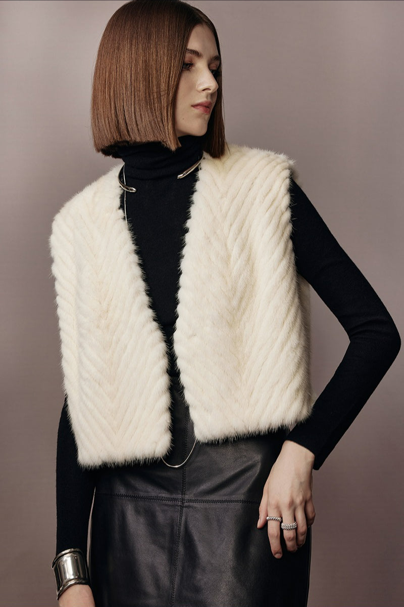 Pearl White Herringbone Mink Fur Vest
