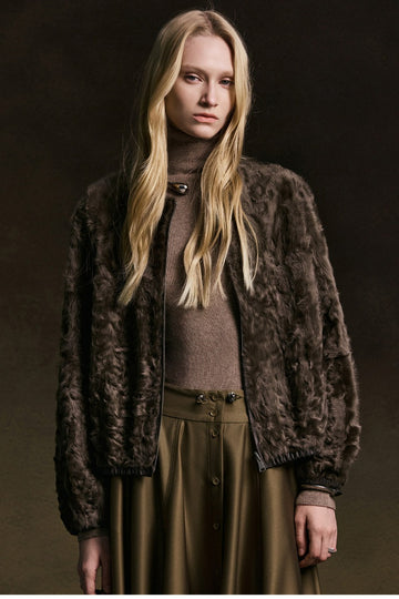 Round Neck Zipper Short Fur Jacket