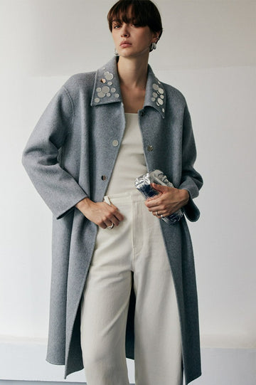 Haze Blue Long Double-sided Camel Wool Coat