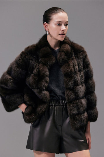 Dark Brown Stand-up Collar Short Fur Jacket