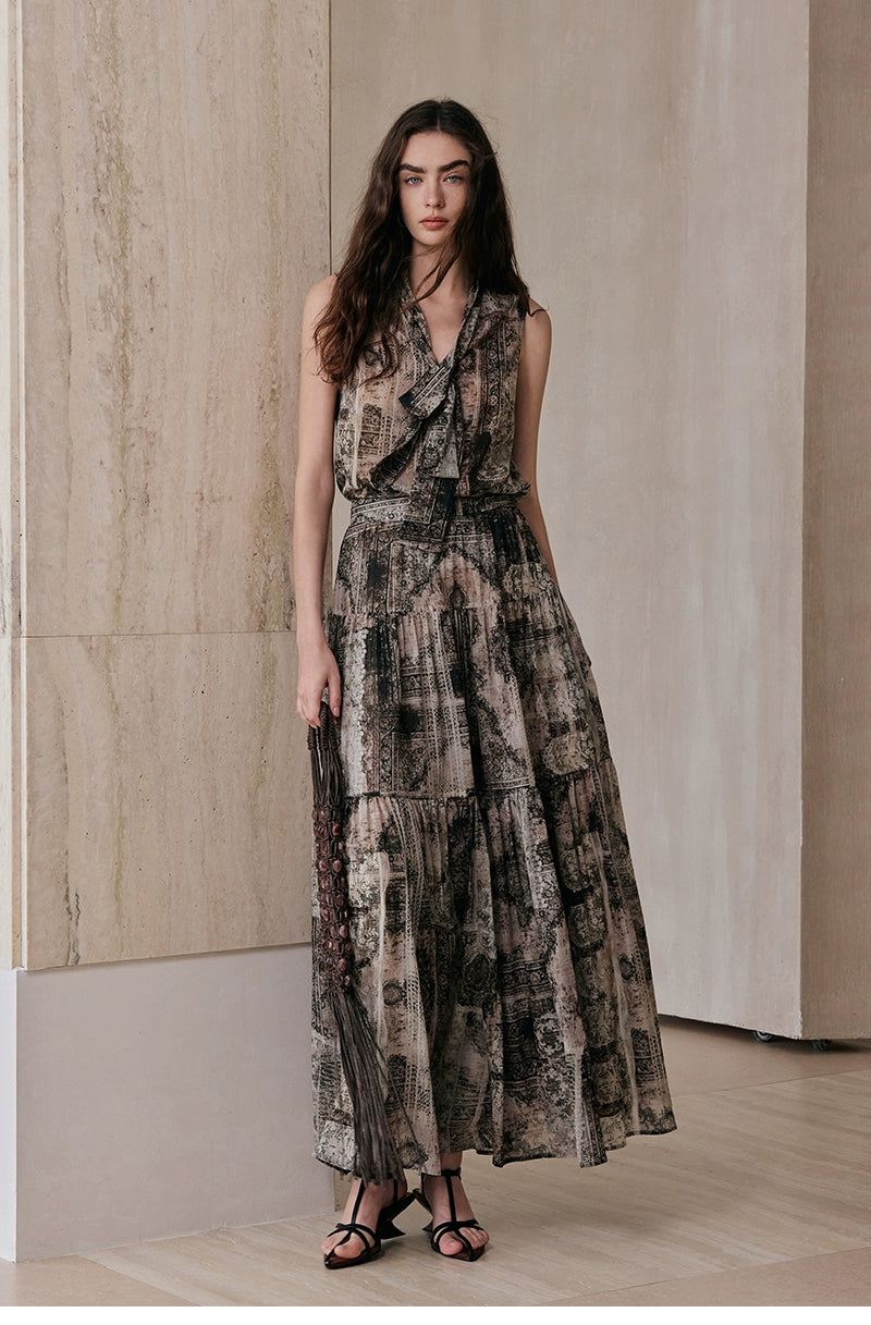 Copper Ammonia Silk Linen Romantic Retro Shirt, Skirt Set