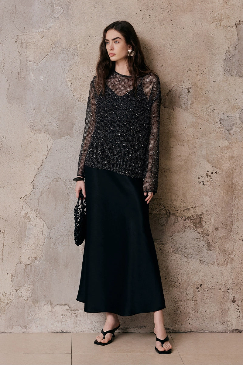 Hollow Long Sleeve Cover Up,Satin Dress