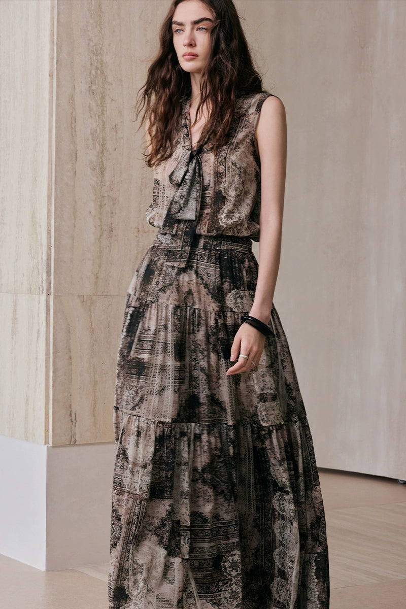 Copper Ammonia Silk Linen Romantic Retro Shirt, Skirt Set