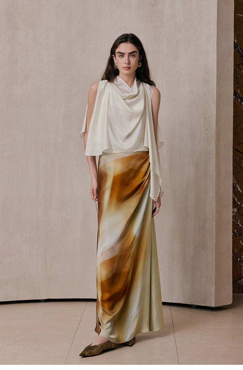 Ribbon Flutter Collar Top, Pleated Printed Skirt