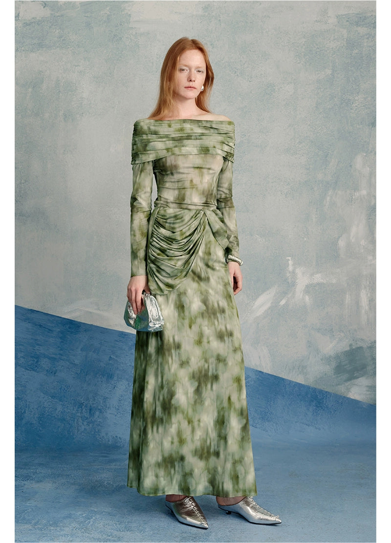 Mesh Off Shoulder Print Top, Pleated Skirt Set