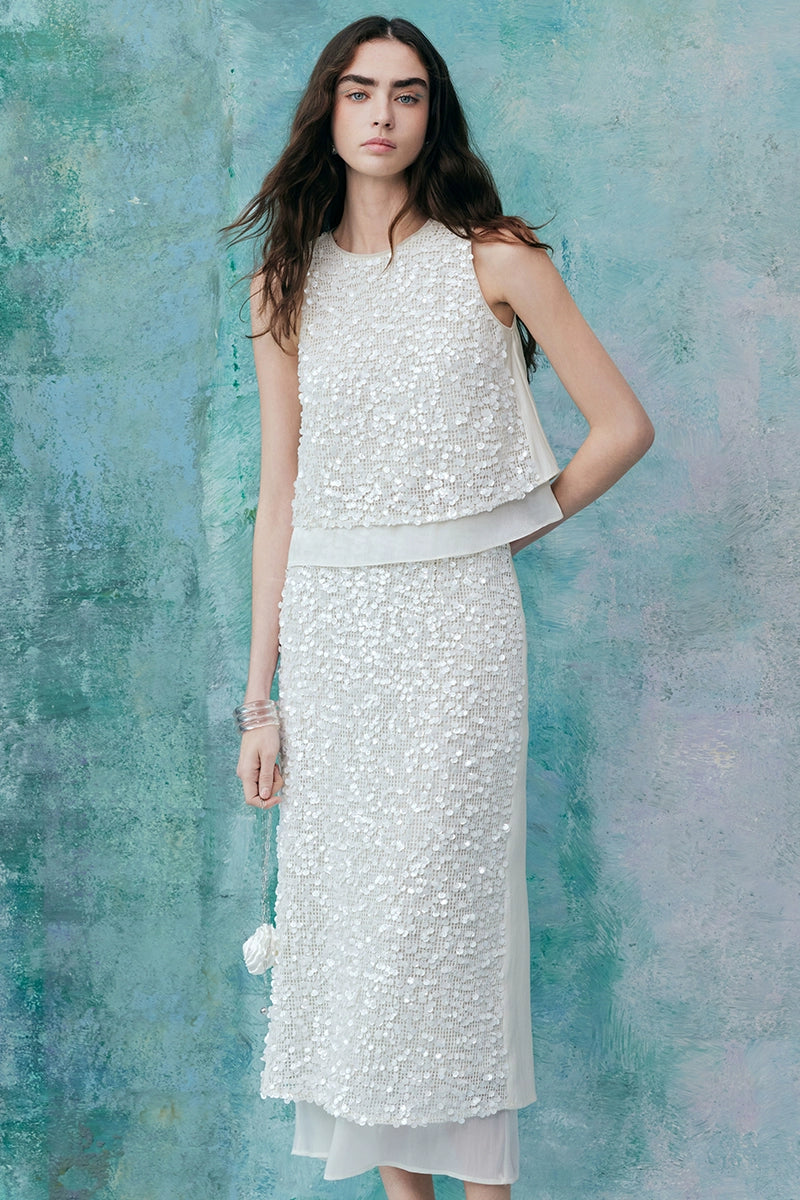 Hollow Woven Sequins Top Straight Skirt