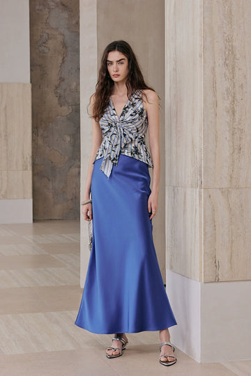 V Neck Sleeveless Floral Top,Satin Slim Skirt