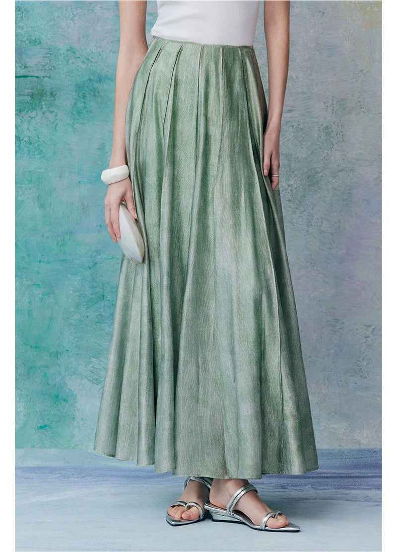 Green Satin Pleated Long Skirt