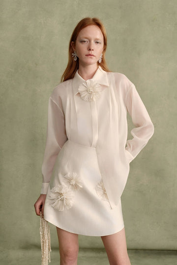 White Handmade Flower Lapel Shirt, Mini Skirt Set