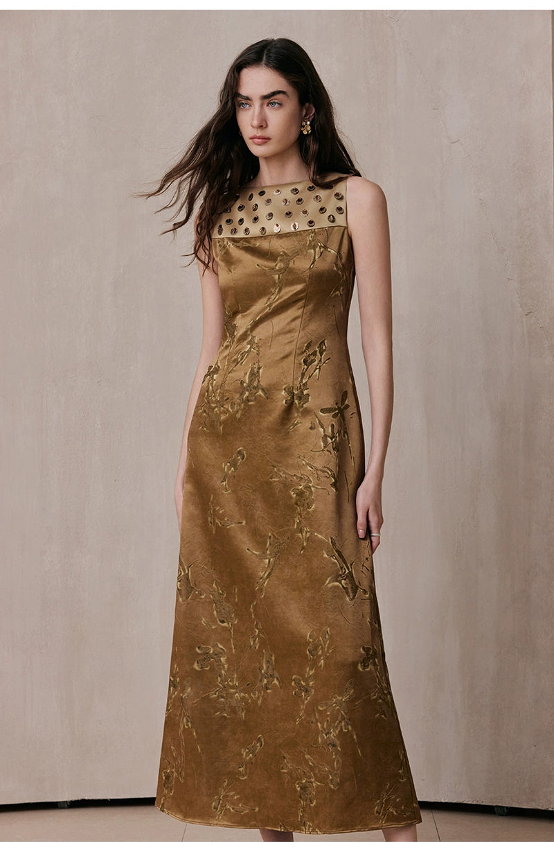 Sleeveless Beaded Jacquard Dress