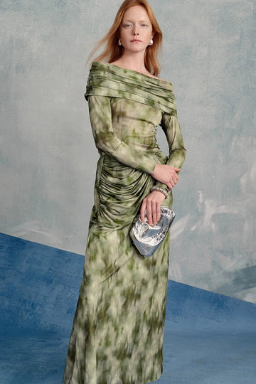 Mesh Off Shoulder Print Top, Pleated Skirt Set