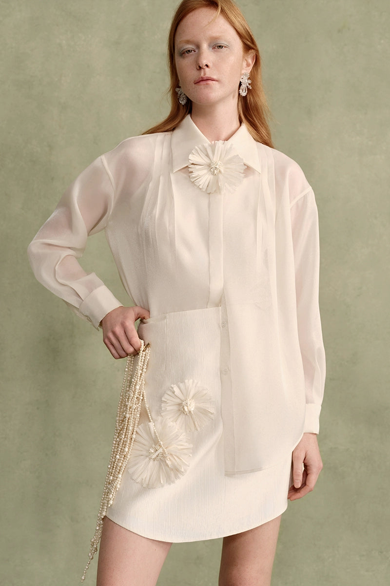 White Handmade Flower Lapel Shirt, Mini Skirt Set