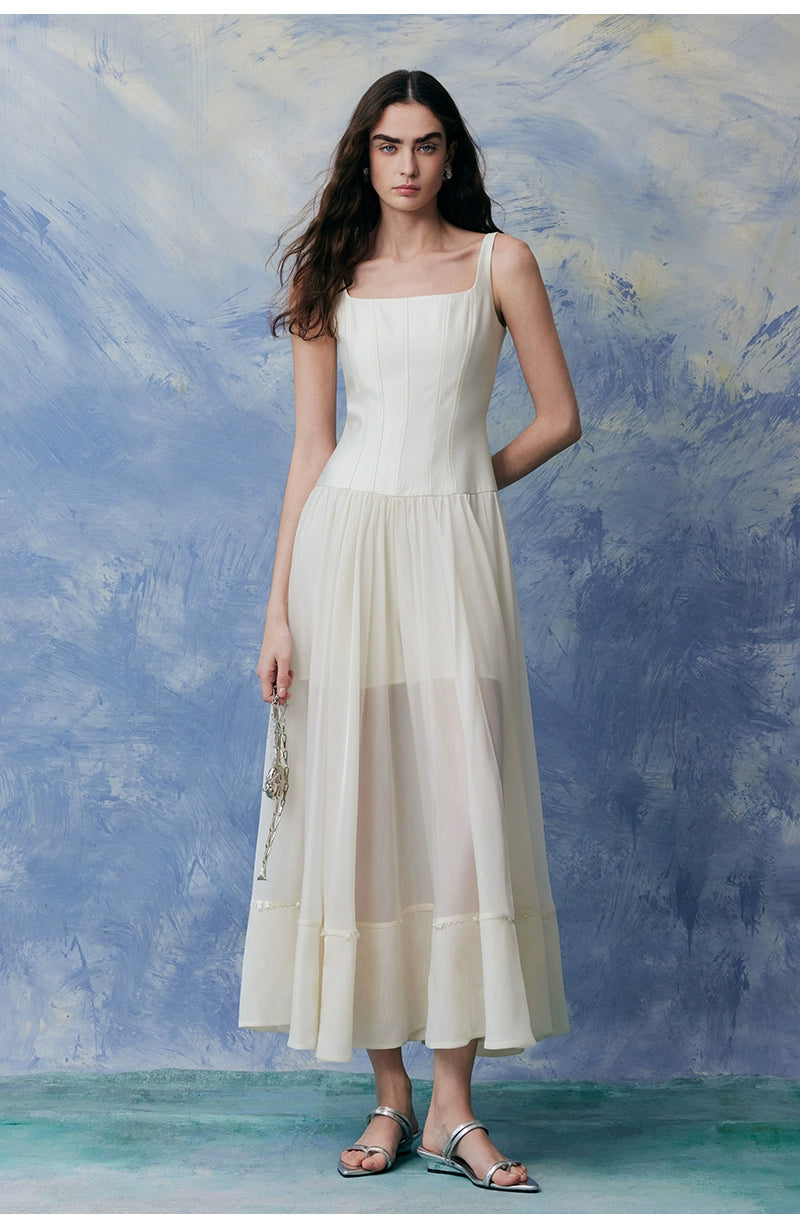 Square Neck Shell Beading Sleeveless Dress