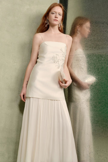 Flower Bead Square Neck Suspender Dress