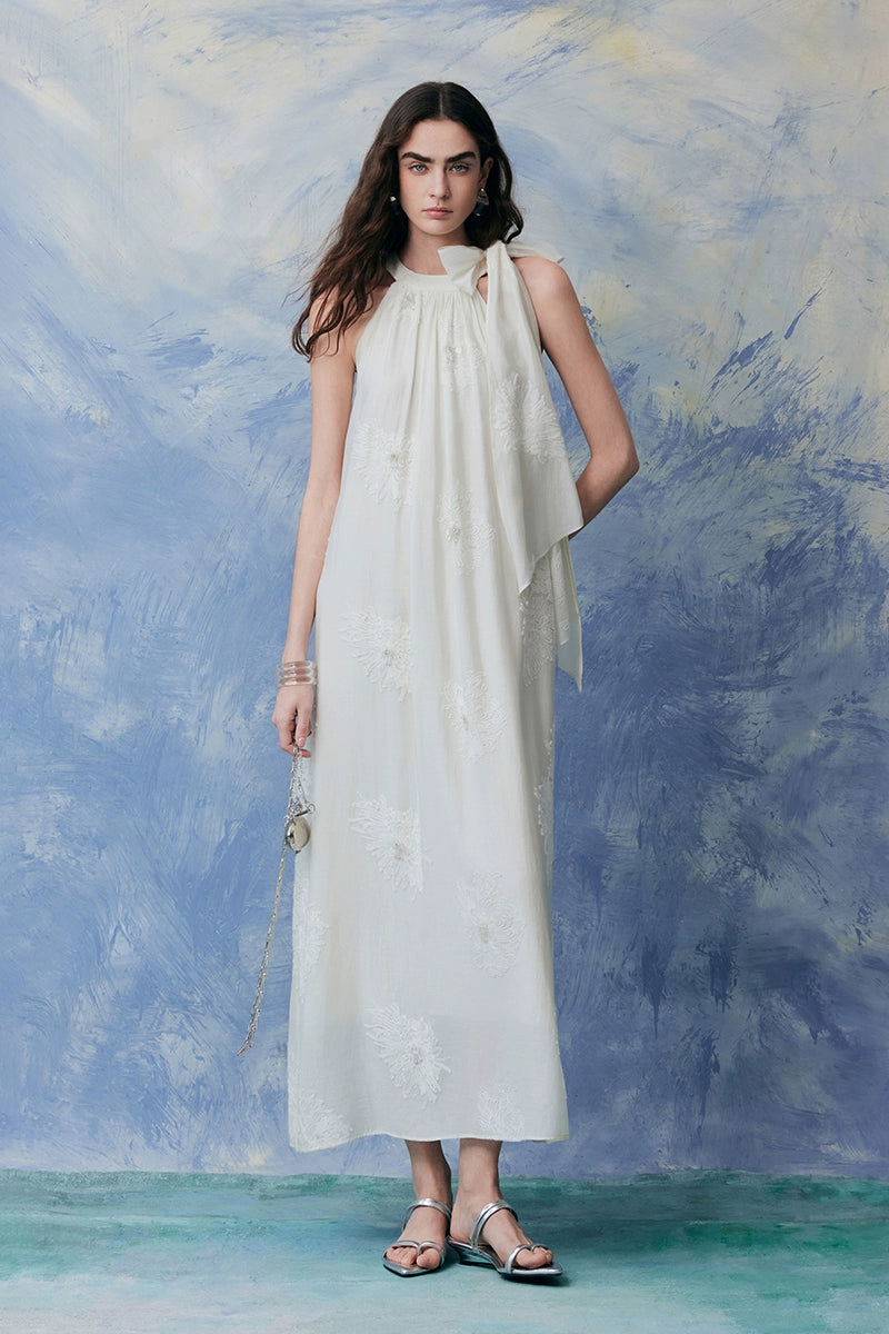 Embroidery Halter A Line Loose Fit Maxi Dress