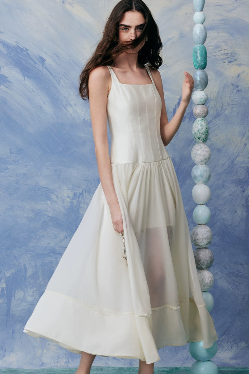 Square Neck Shell Beading Sleeveless Dress