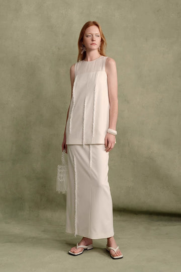 Elegant Pearl White Tube Bead Tassel Top, Skirt Set