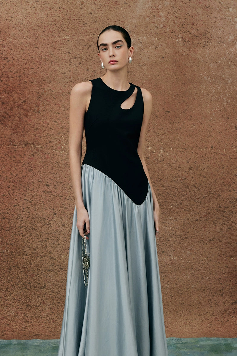 Hollow Out Artistic Contrast Color Dress