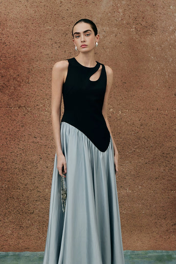 Hollow Out Artistic Contrast Color Dress