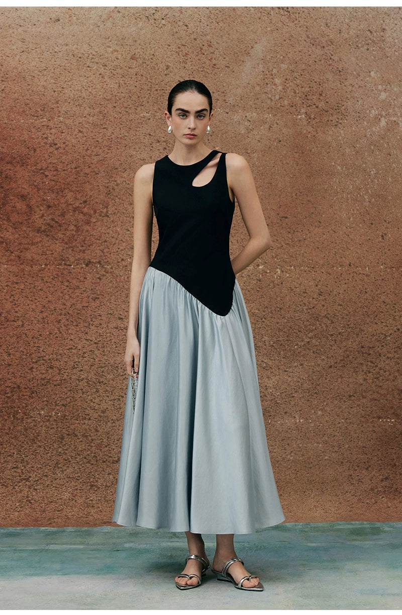 Hollow Out Artistic Contrast Color Dress