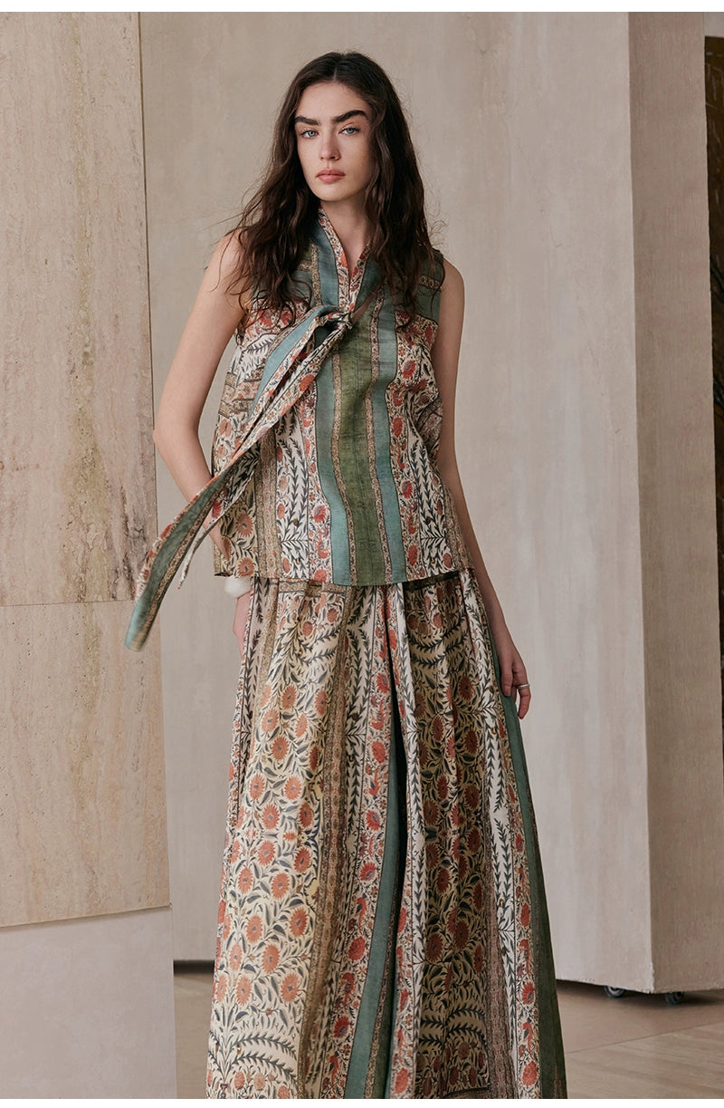 Vintage Sleeveless Printed Shirt Pleated Skirt