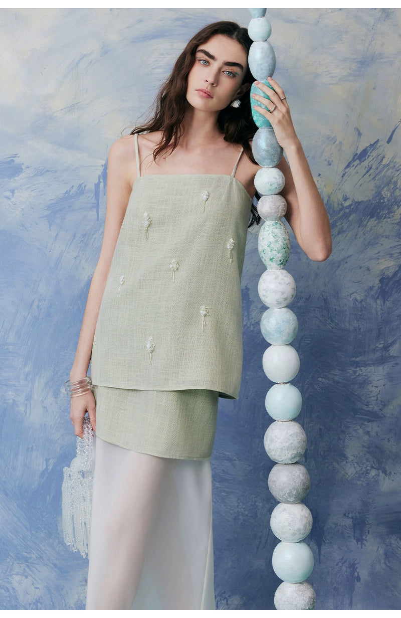 Handmade Beaded Suspender Top Spliced Skirt