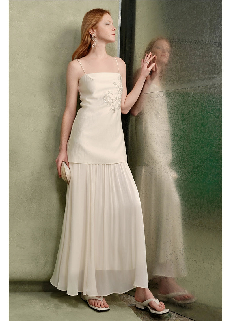 Flower Bead Square Neck Suspender Dress