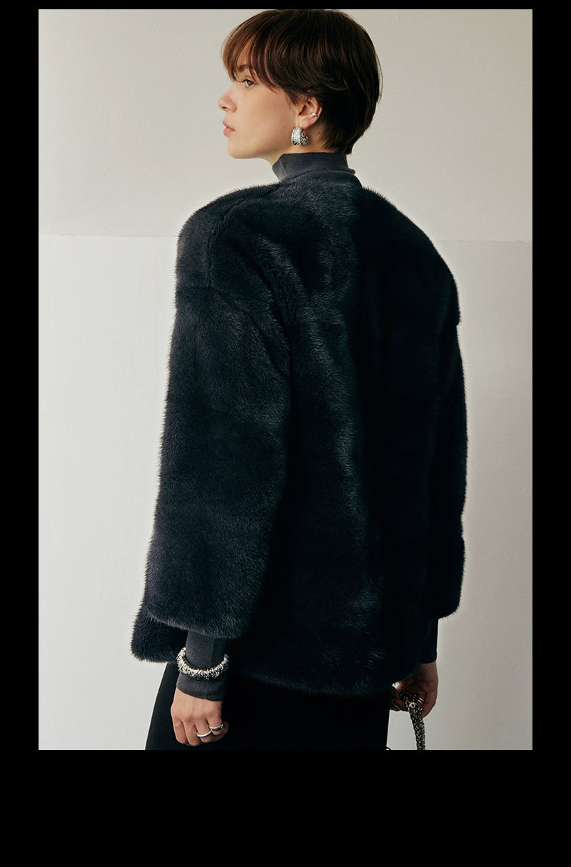 Black Round Neck Velvet Mink Fur Coat