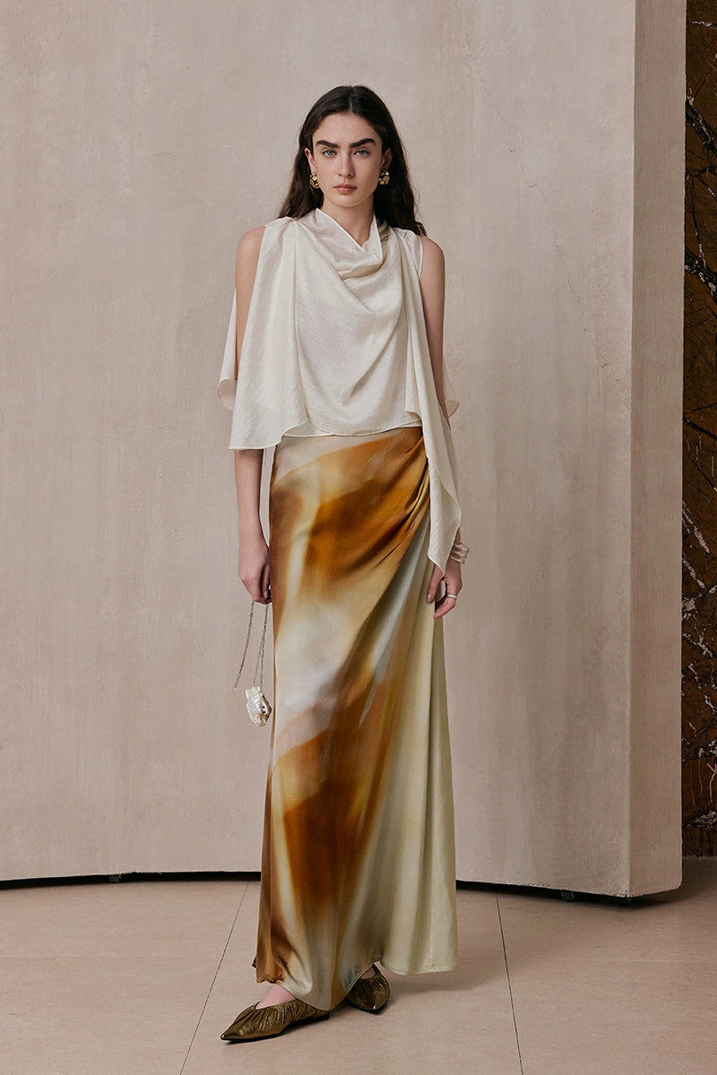 Ribbon Flutter Collar Top, Pleated Printed Skirt