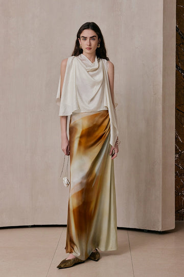 Ribbon Flutter Collar Top, Pleated Printed Skirt