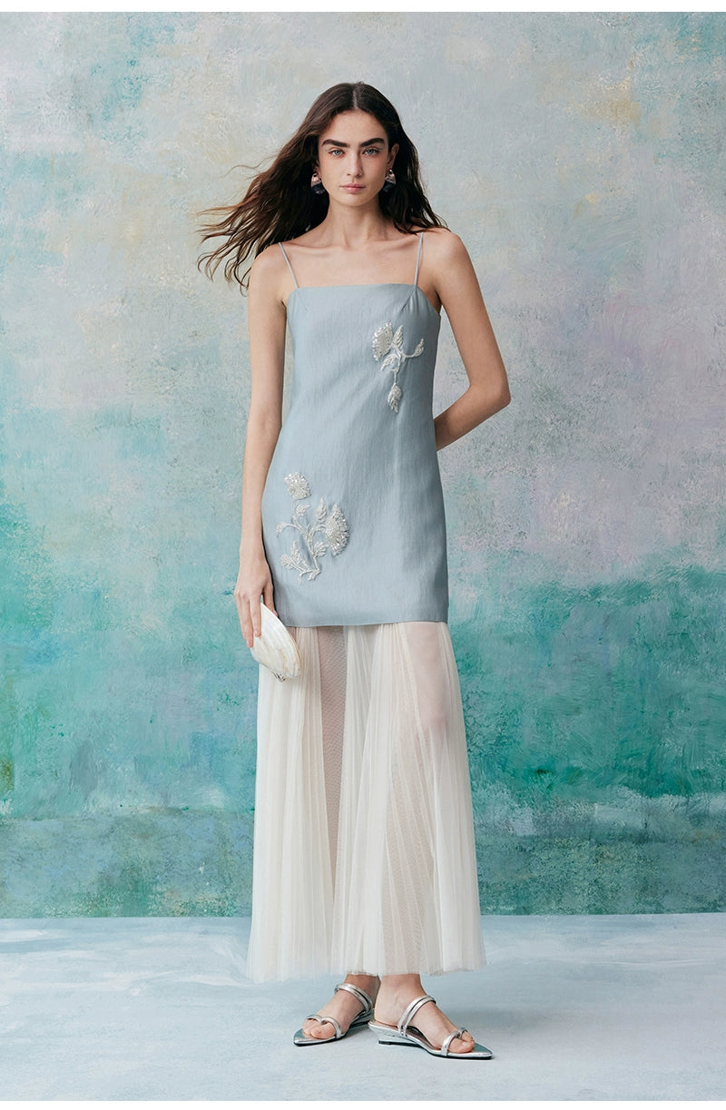 Beaded Square Neck Suspender Elegant Dress