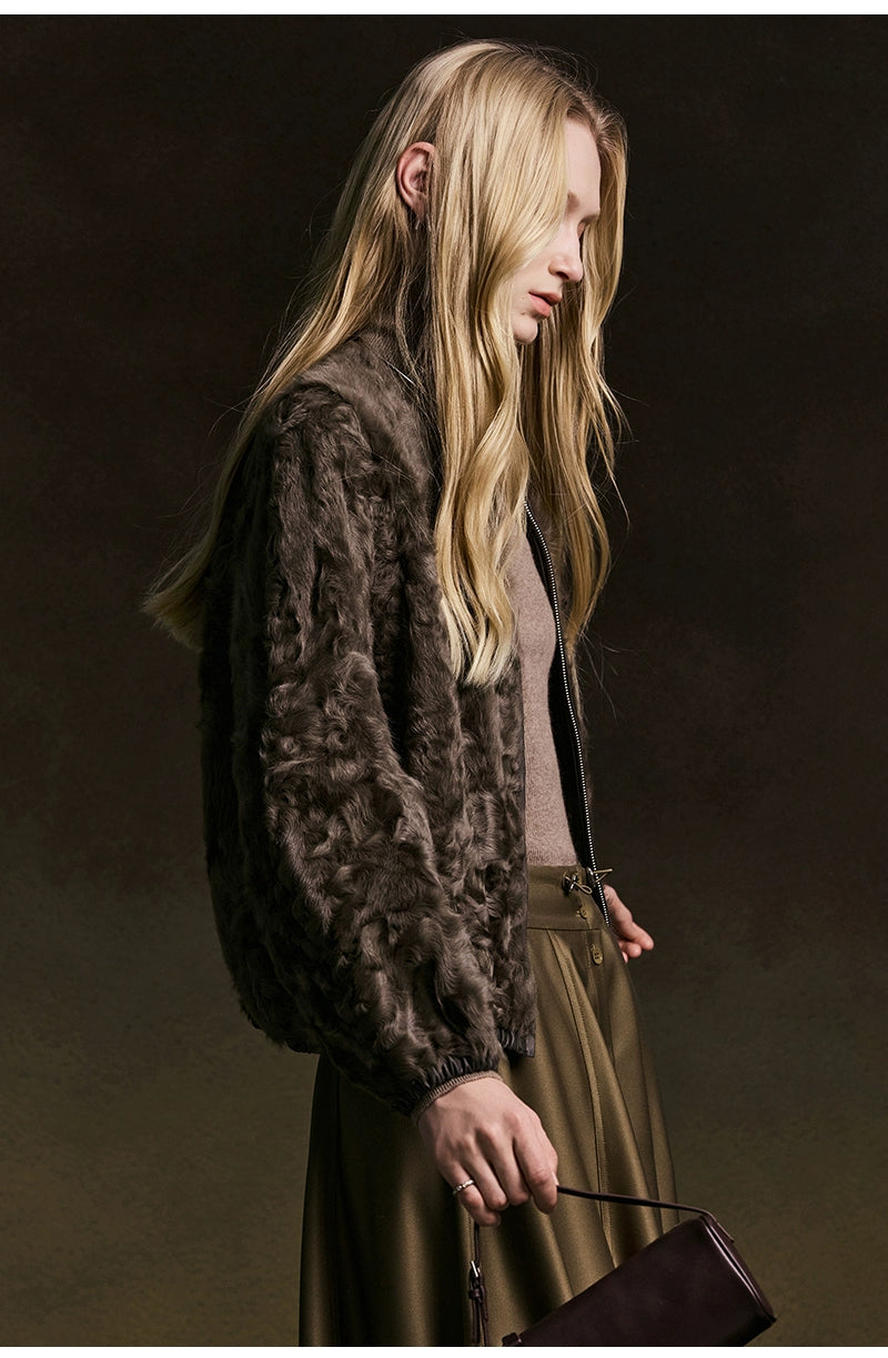 Round Neck Zipper Short Fur Jacket