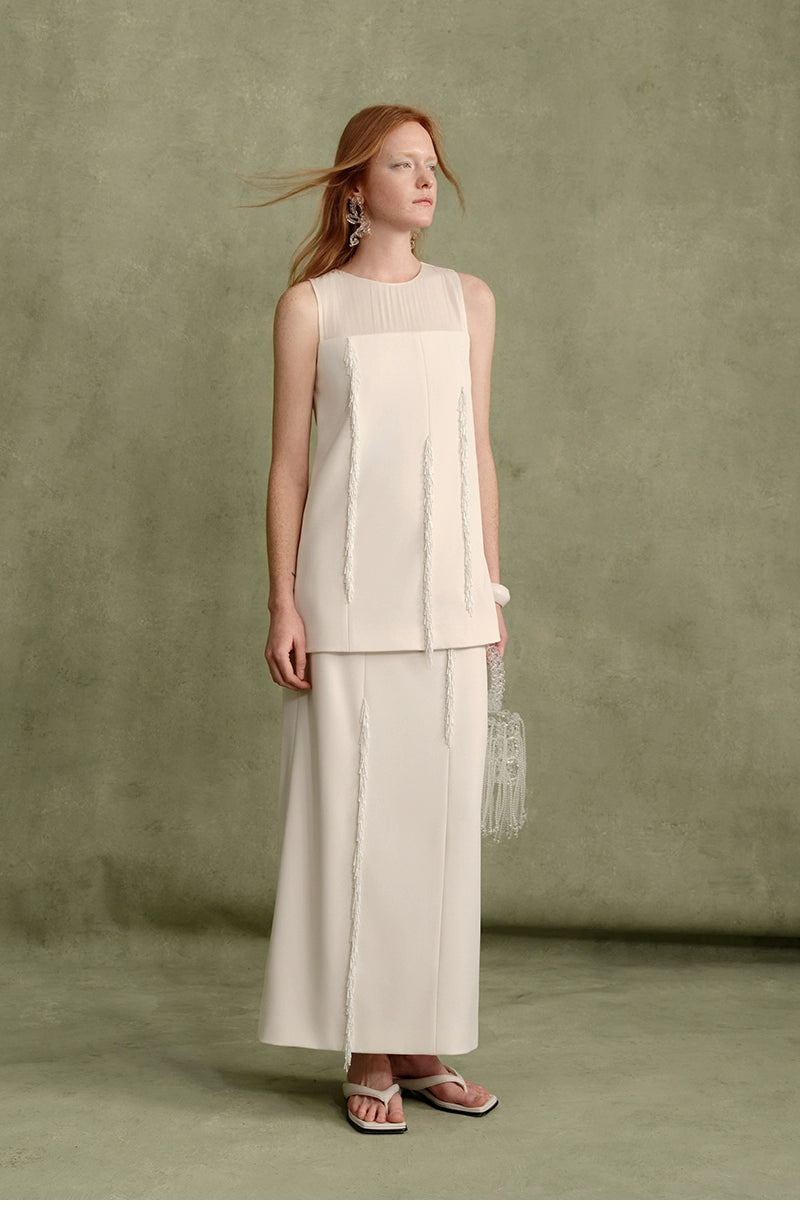 Elegant Pearl White Tube Bead Tassel Top, Skirt Set