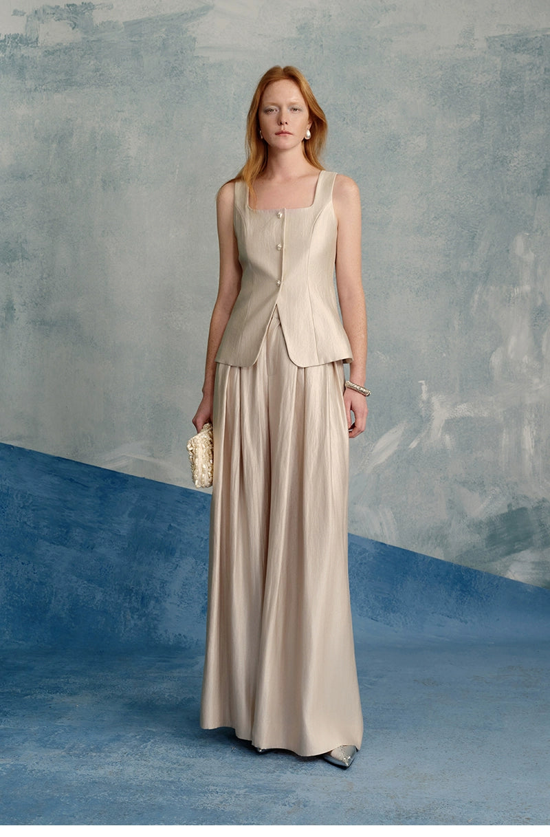 Classic Square-neck Vest Top, pleated Wide-leg Pants