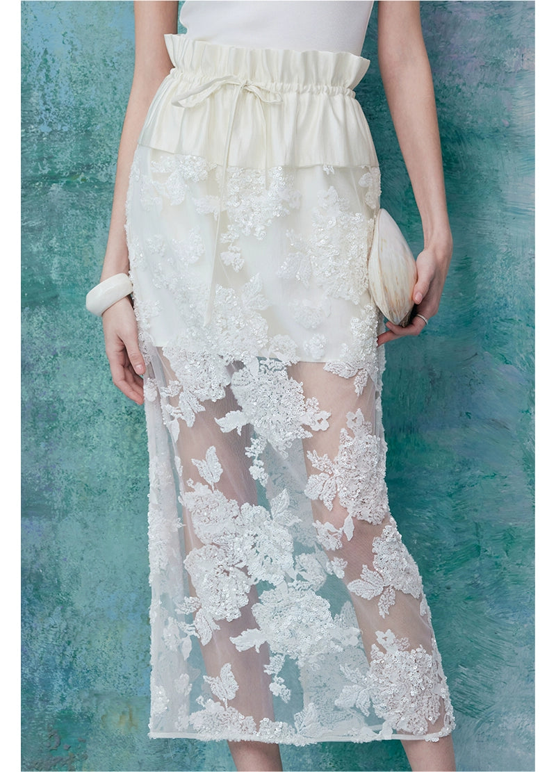 Drawstring Bead Embroidered Lace Skirt