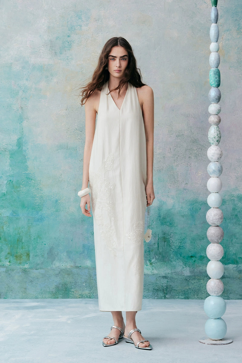 Dark Pattern Embroidery V Neck Sleeveless Dress