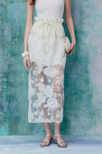 Drawstring Bead Embroidered Lace Skirt