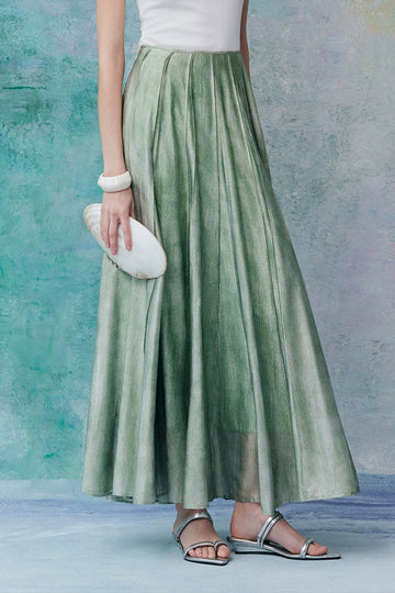 Green Satin Pleated Long Skirt