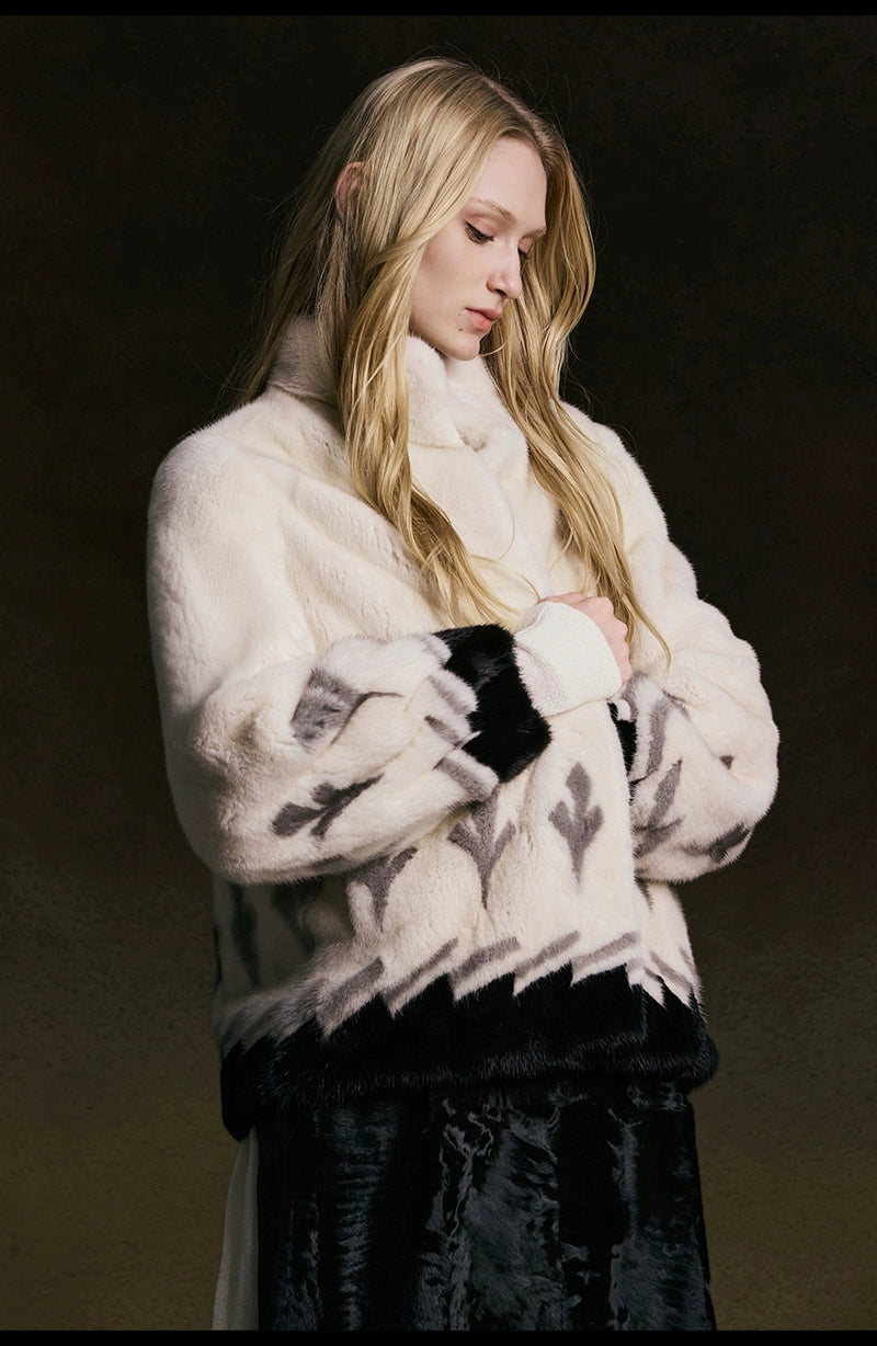 Artistic Color-Blocked Mink Fur Coat
