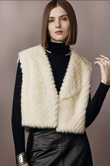 Pearl White Herringbone Mink Fur Vest