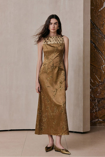 Sleeveless Beaded Jacquard Dress